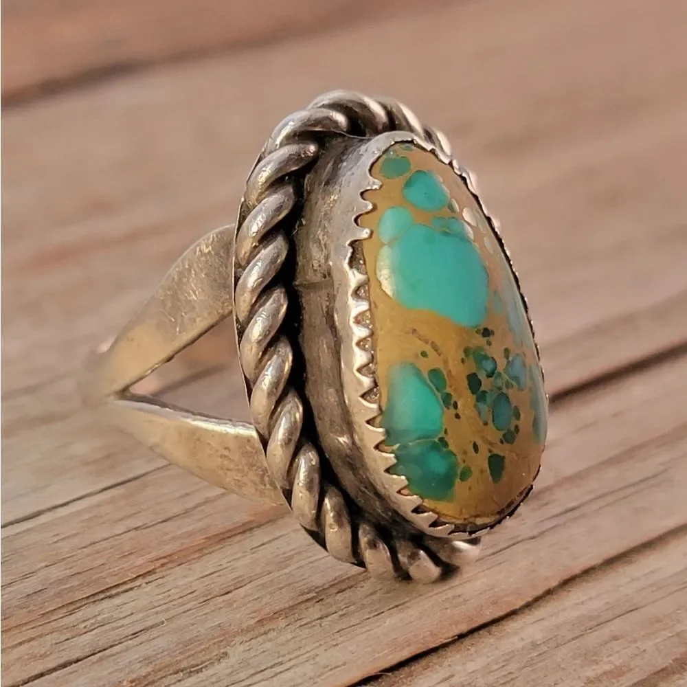 Vintage Sterling Royston Turquoise Cable Bezel Set Ring